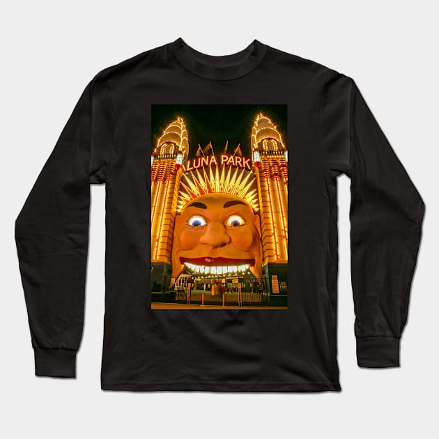 Luna Park Face at Night, Sydney, NSW, Australia Long Sleeve T-Shirt by Upbeat Traveler